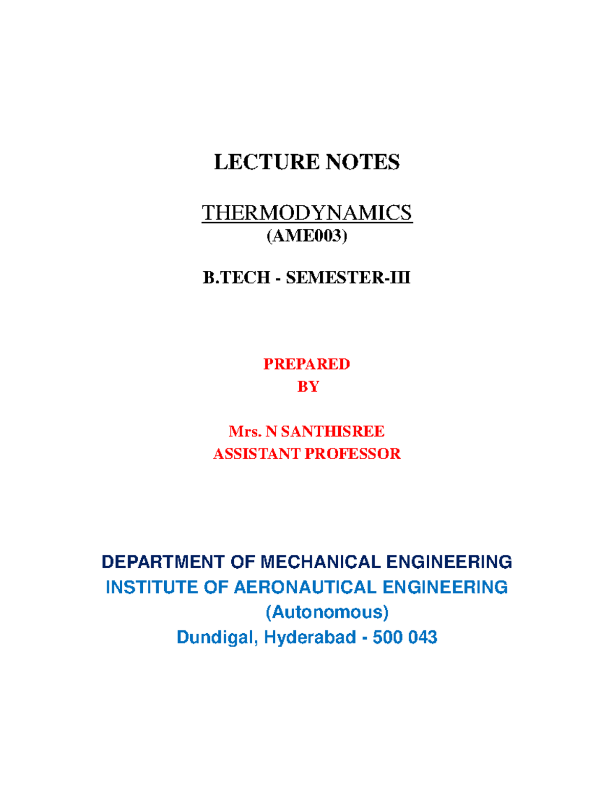 Thermodynamics Lecture Notes AME003 - LECTURE NOTES THERMODYNAMICS ...