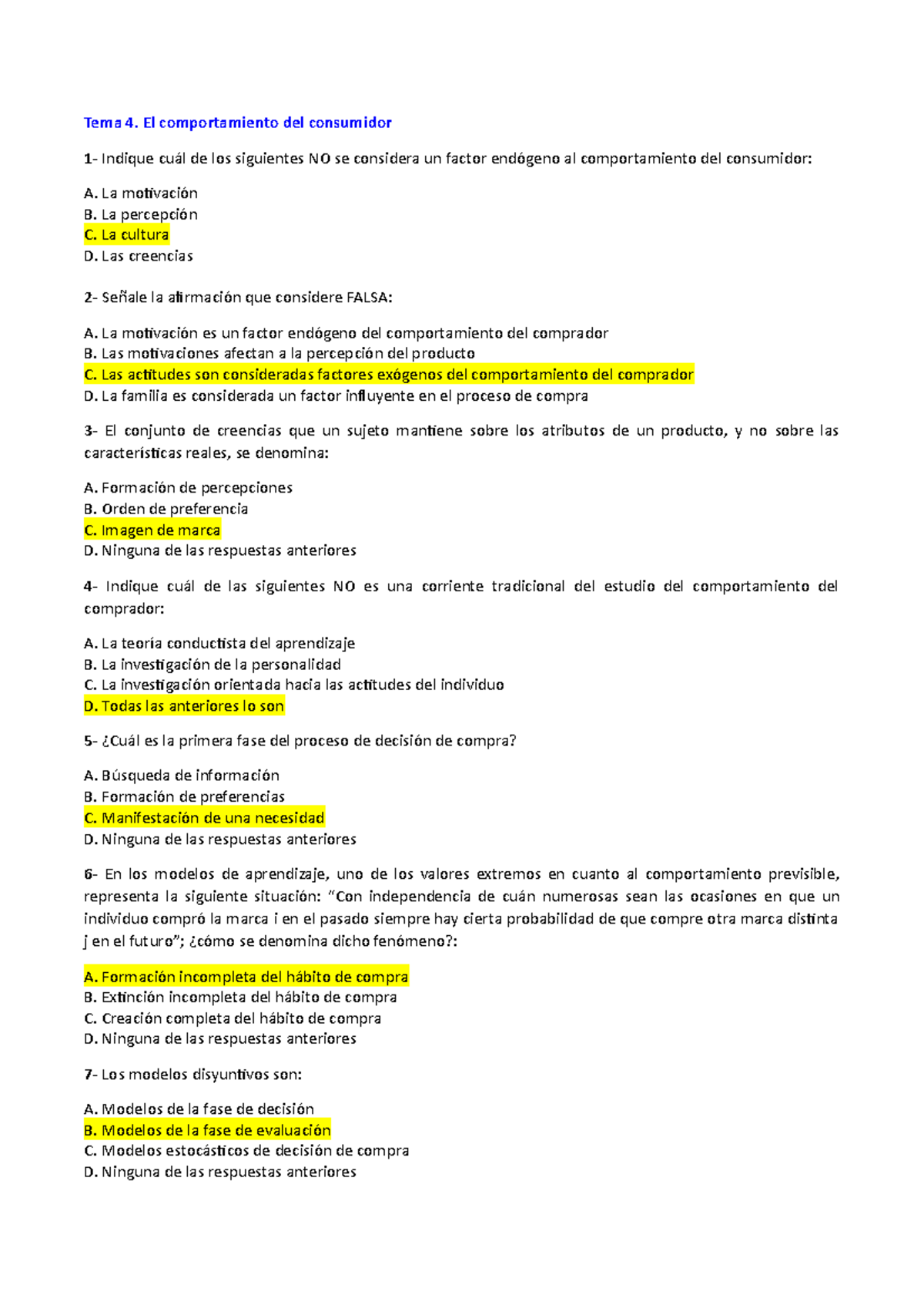 TEMA 4 El Comportamiento Del Consumidor, Preguntas Test - Tema 4. El ...