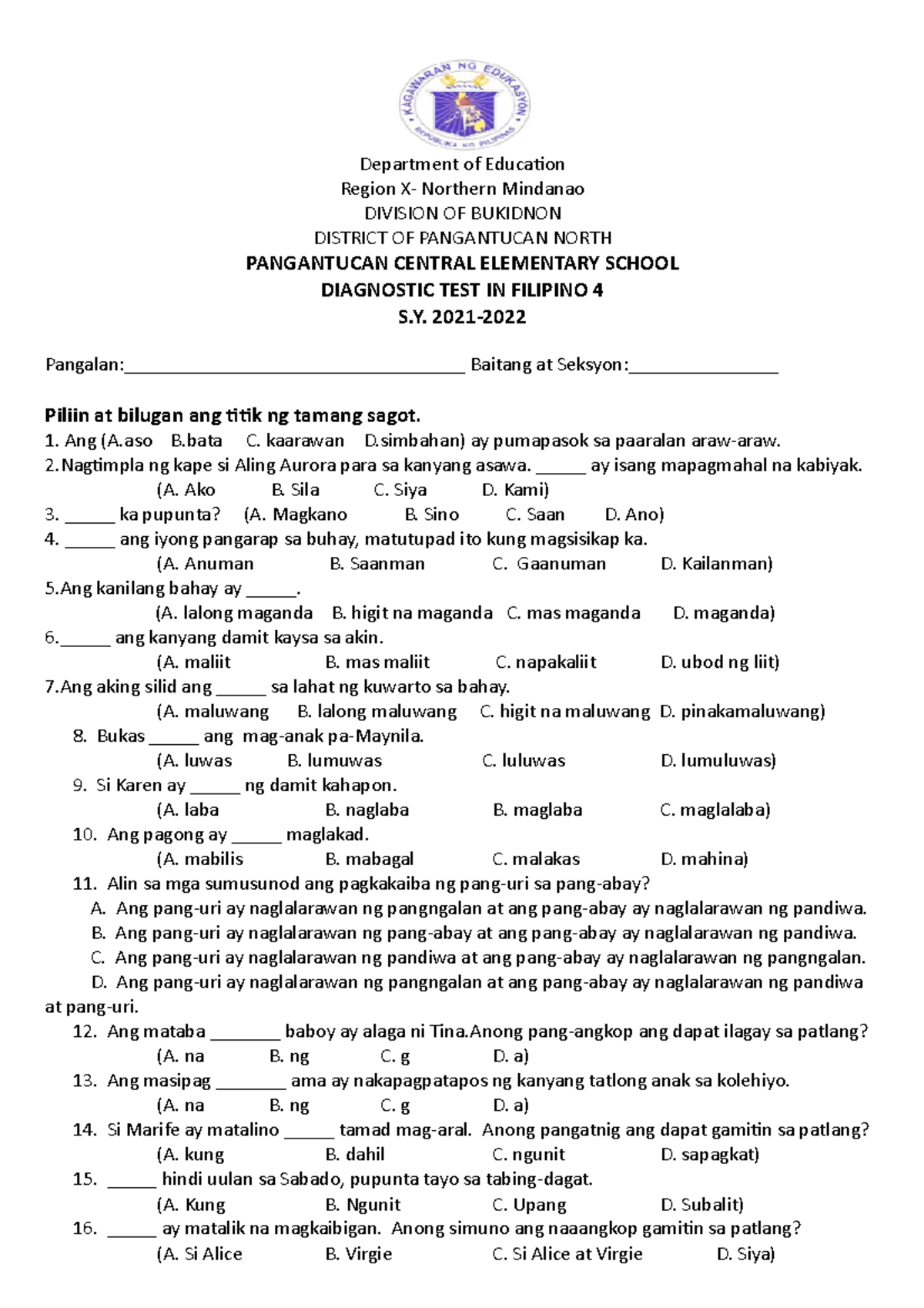 Diagnostic Test In Filipino 4 - Department Of Education Region X ...