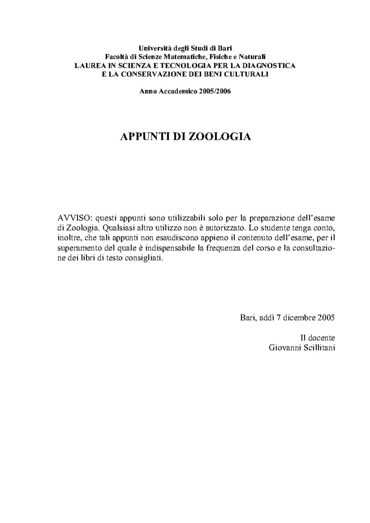 Appunti Di Zoologia - 8QLYHUVLWj GHJOL 6WXGL GL %DUL - Studocu