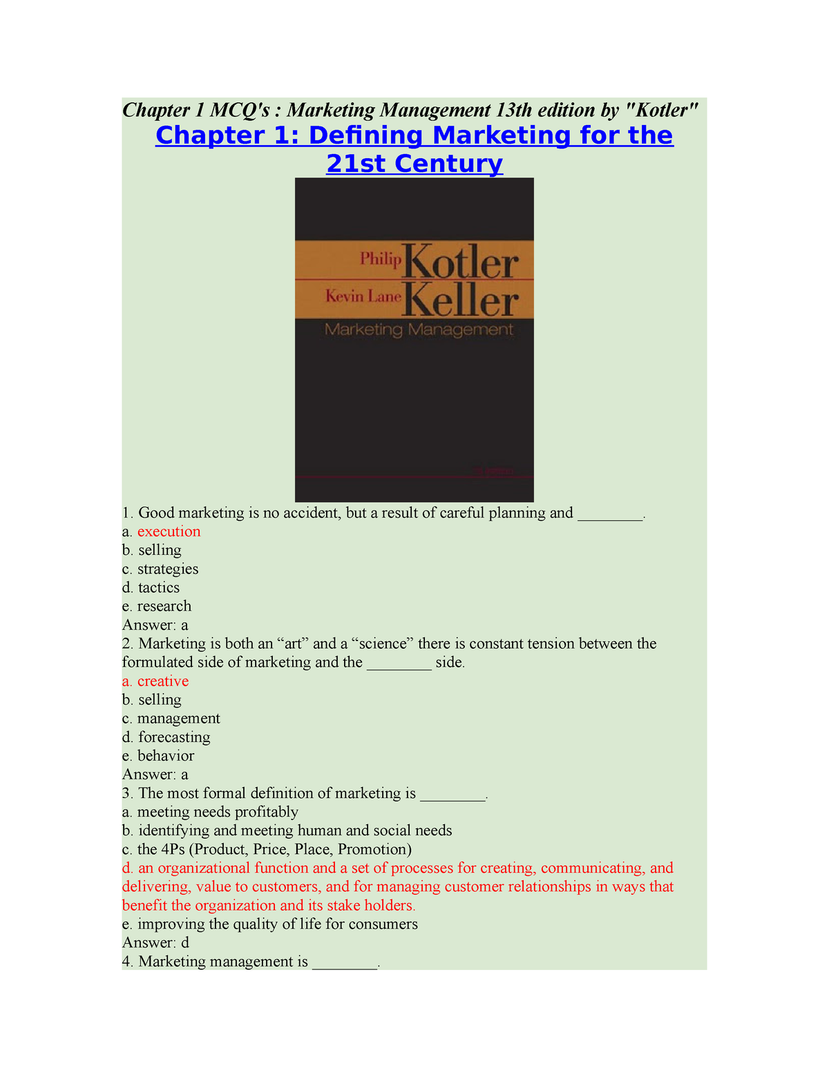 301852781 Chapter 1 Mcq S Marketing Management 13th Edition By Kotler ...