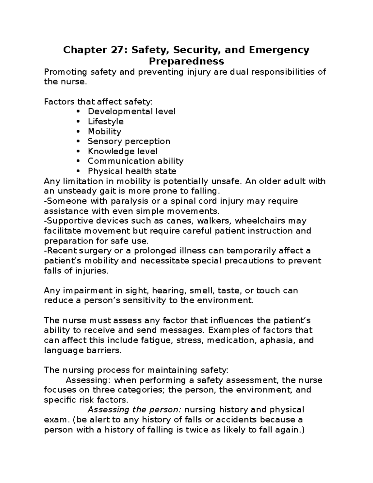 Chapter 27 Notes Chapter 27 Safety, Security, and Emergency