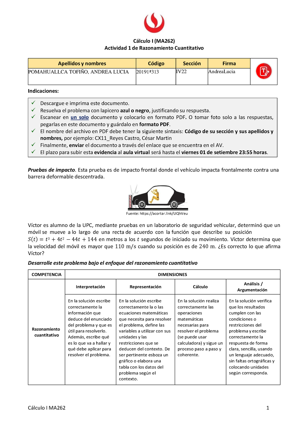 Actividad 1 RC Movimiento RectilíNEO - C·lculo I MA262 1 C·lculo I ...