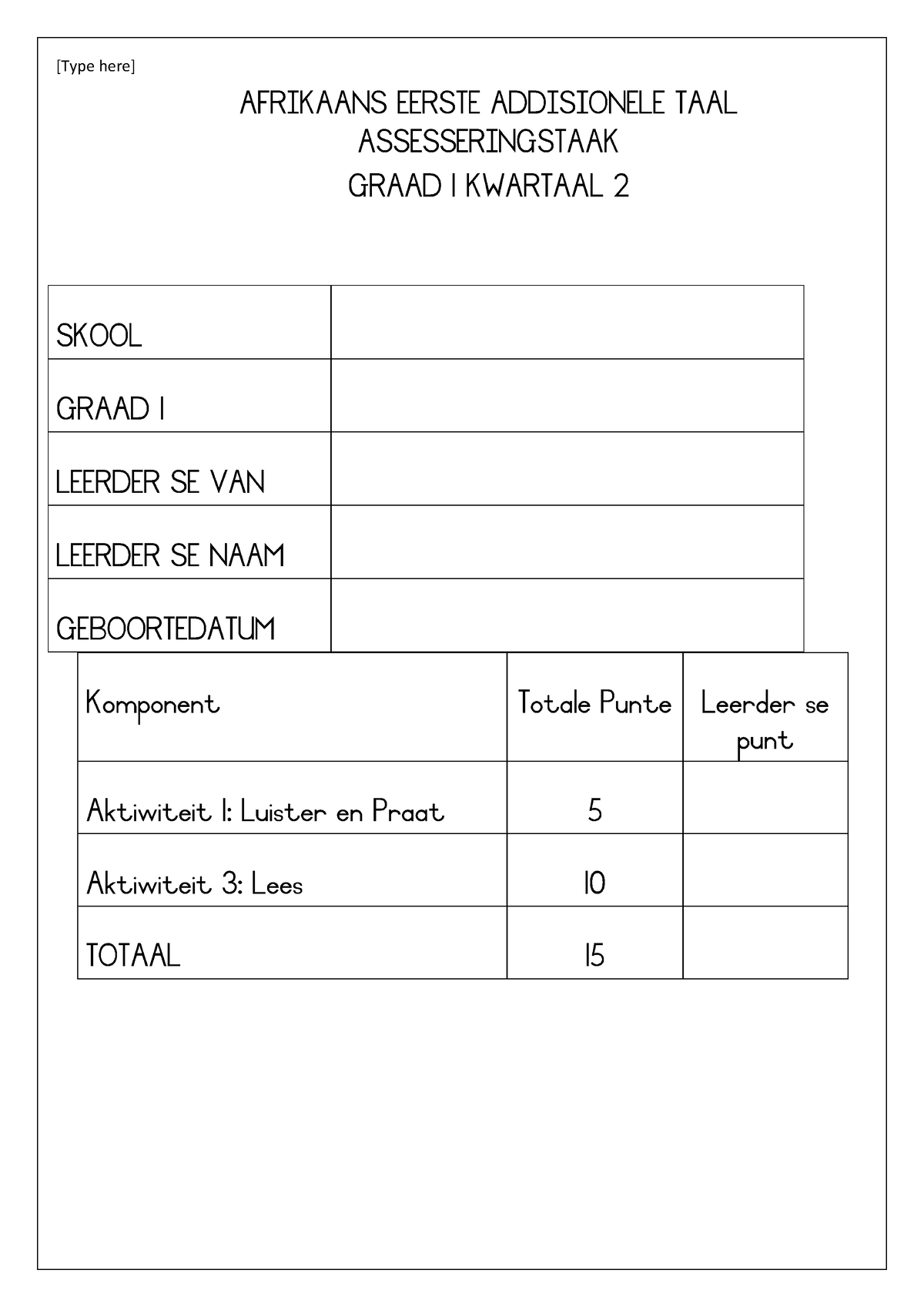 Grade 1 Afrikaans FAL Term 2 Oral and Practical - PCS210 - [Type here ...