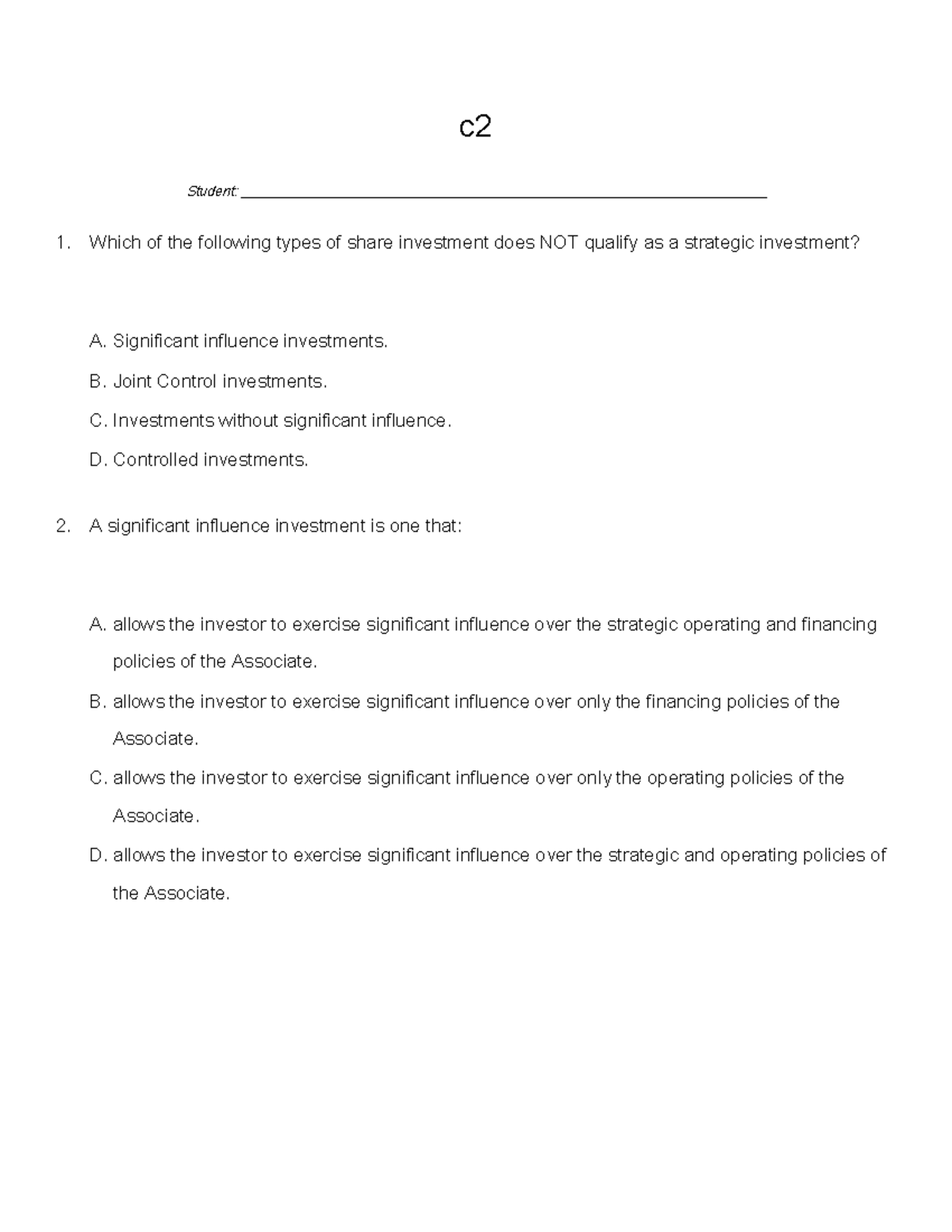 Chapter 2 - Test Bank - C Student: - Studocu