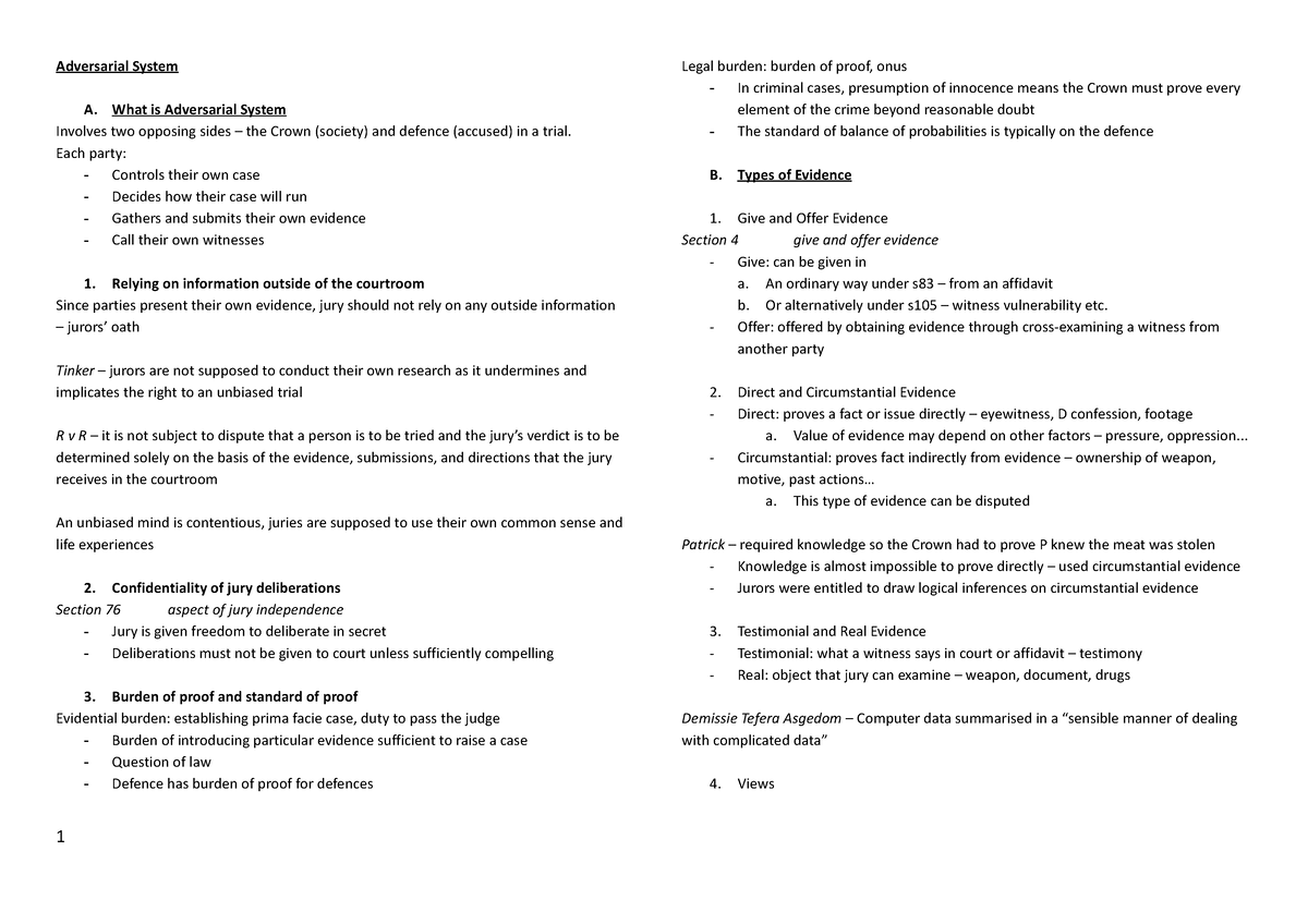 414 Revision - Notes for exam - Adversarial System A. What is ...