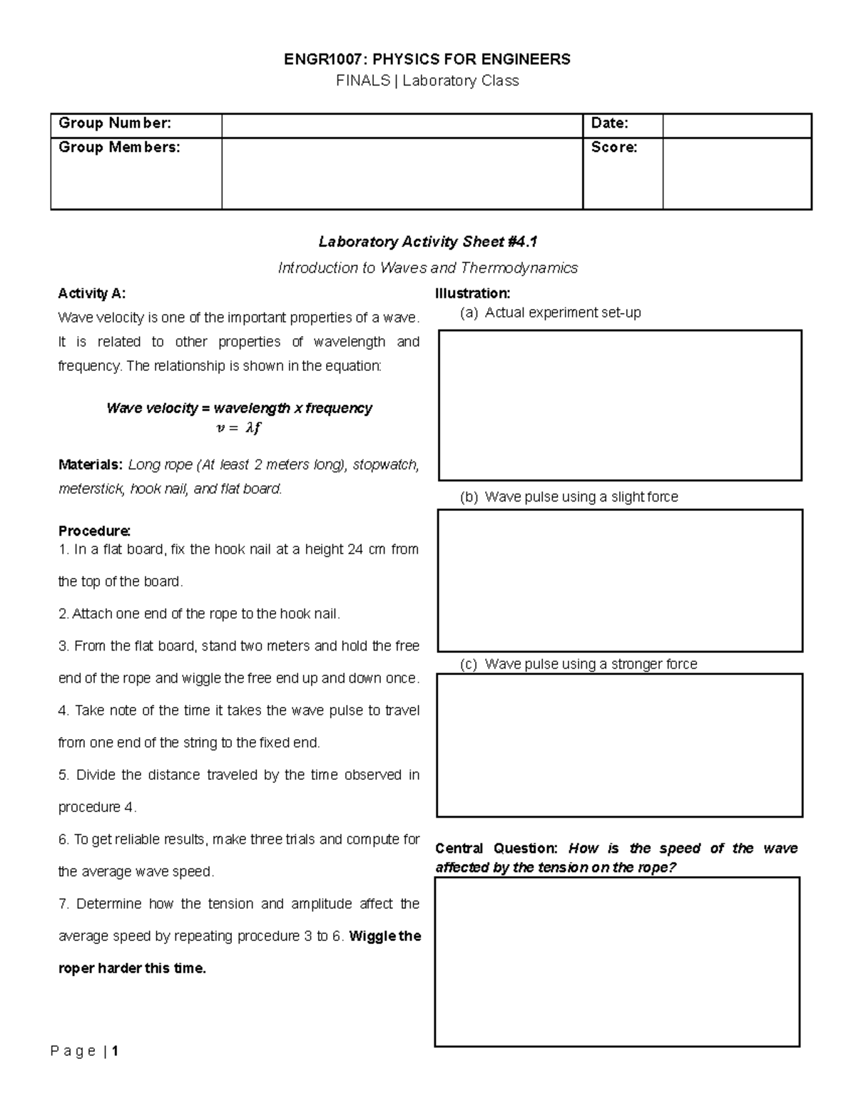 ENGR1007 Finals Laboratory Sheet 1 - ENGR1007: PHYSICS FOR ENGINEERS ...