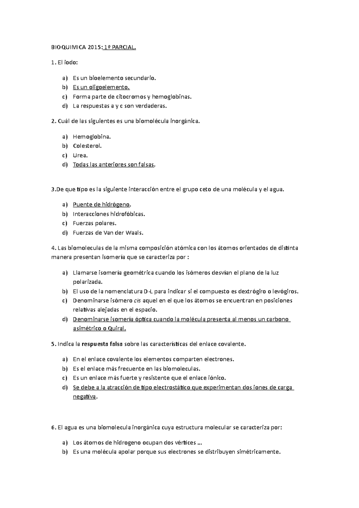 Bioquimica 2015 - Examen Primer Parcial - BIOQUIMICA 2015: 1º PARCIAL ...