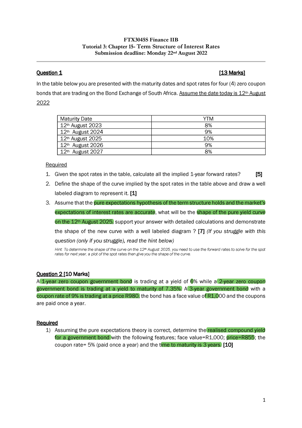 3. FTX3045S Chapter 16 Managing bond portfolios Tutorial 3 Questions ...