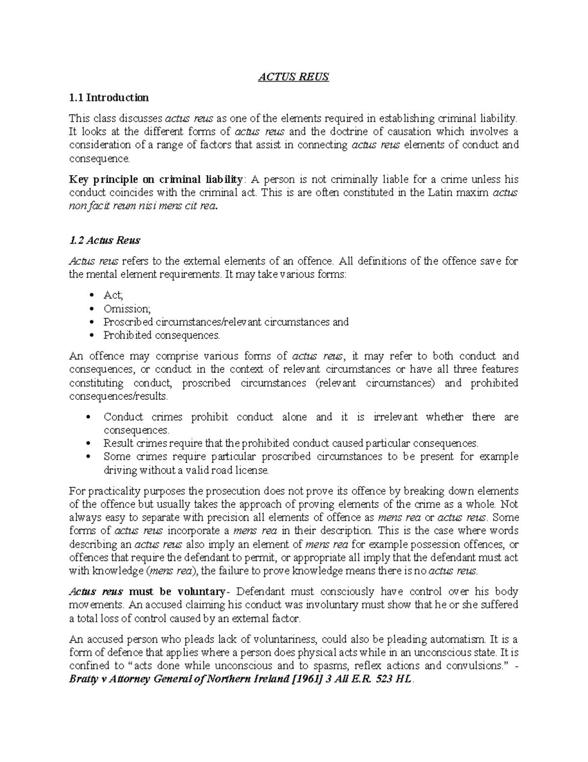 Actus REUS - ACTUS REUS 1 Introduction This class discusses actus reus ...