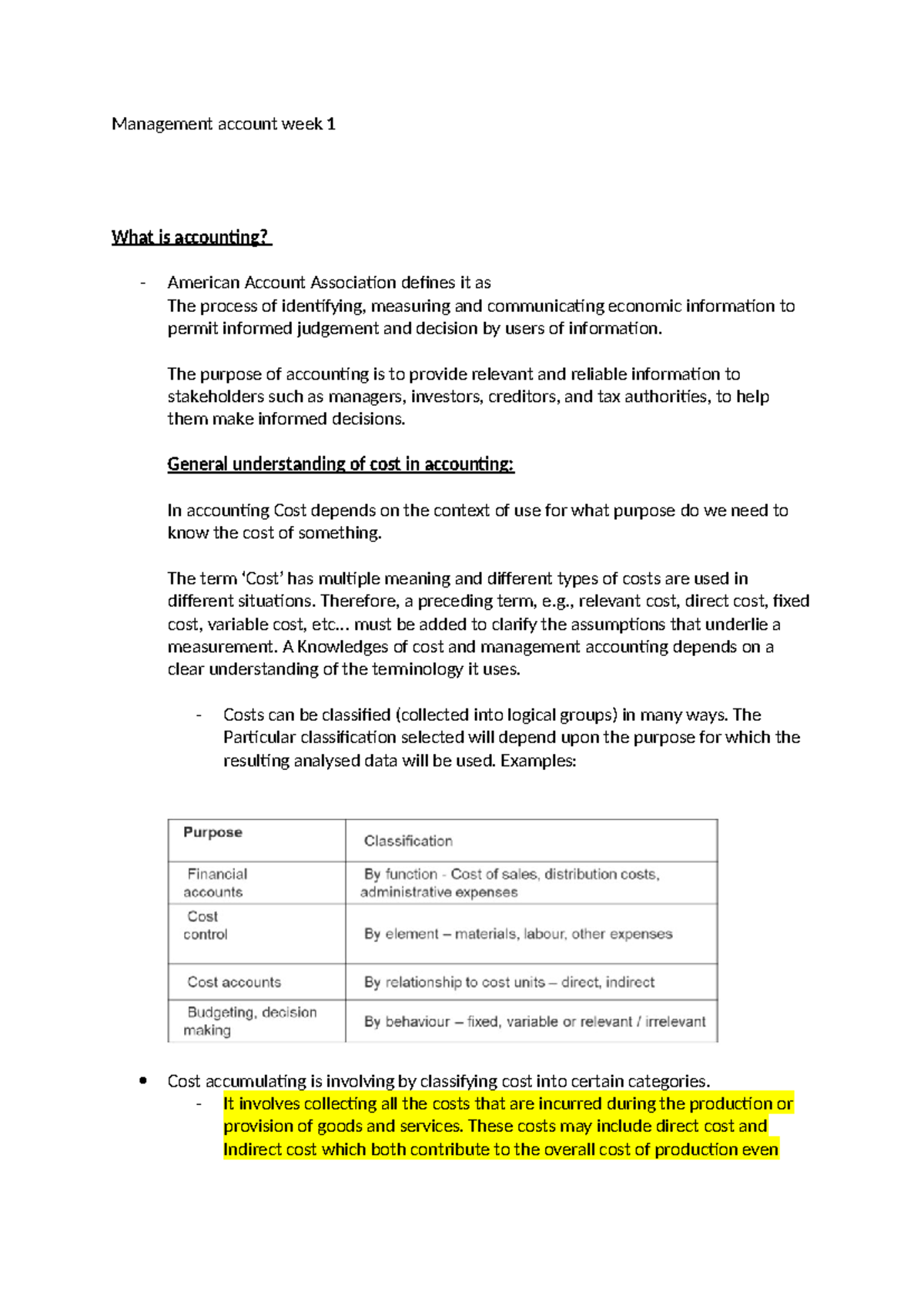 Management accounting week 1 - The purpose of accounting is to provide ...