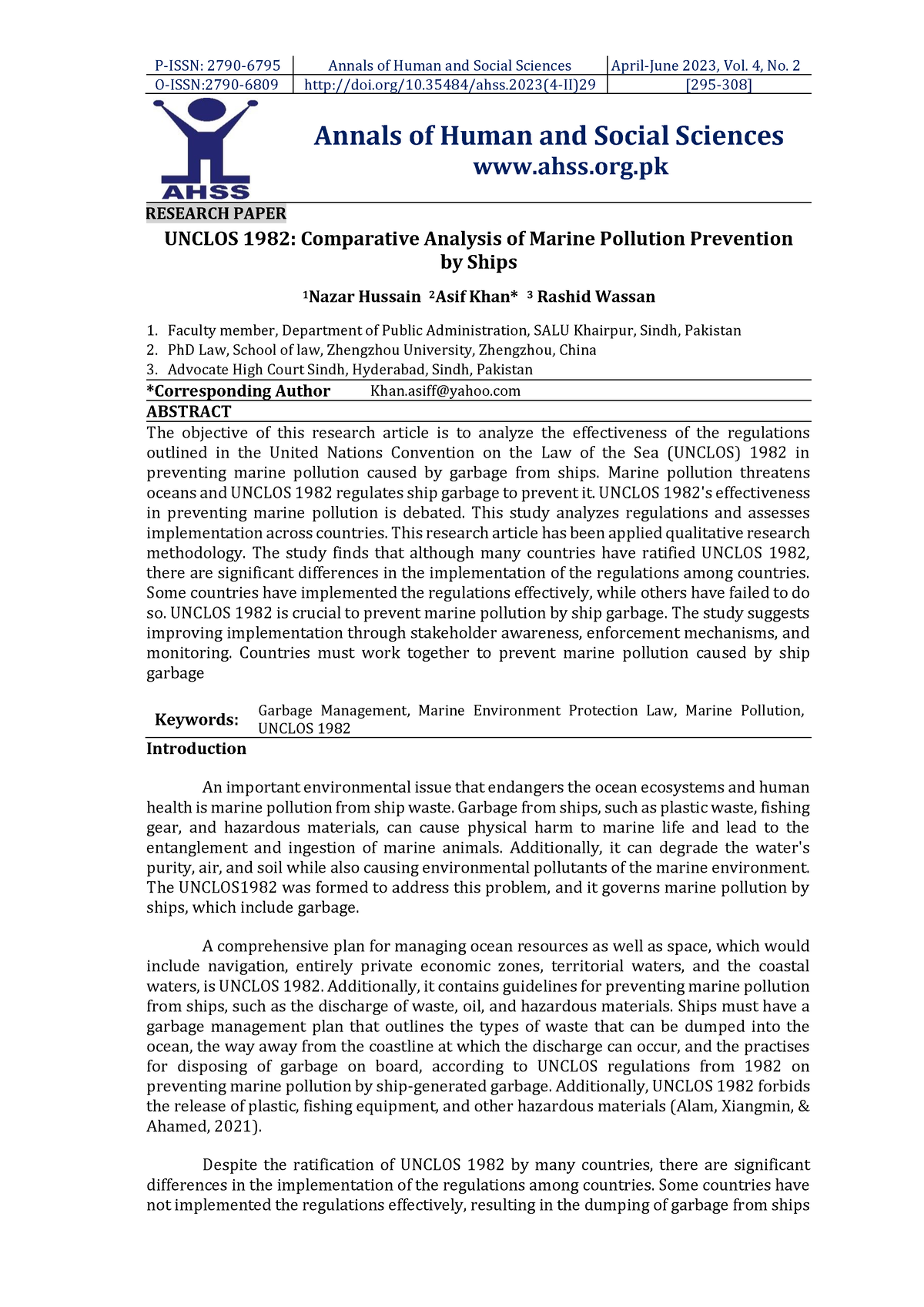 UNCLOS 1982 Comparison - P-ISSN: 2790-6795 Annals Of Human And Social ...