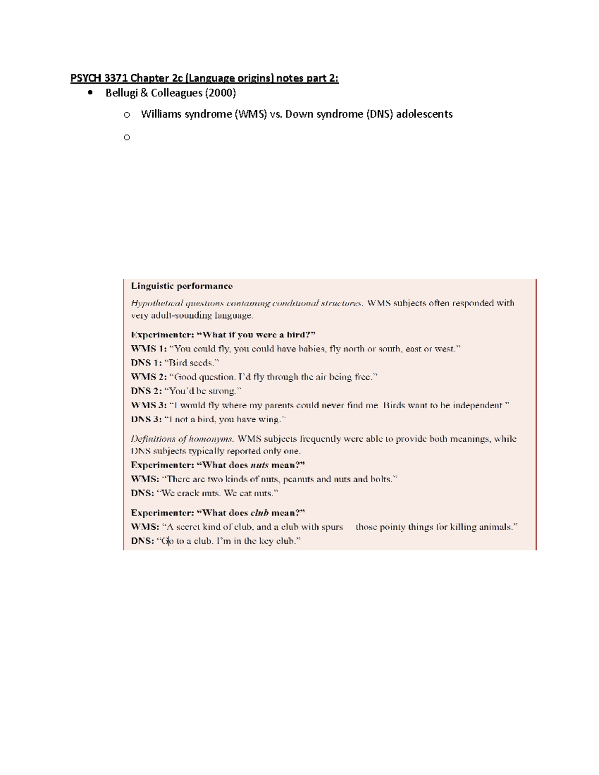 Psych 3371 Chapter 2c (Language origins) notes part 2 Down syndrome