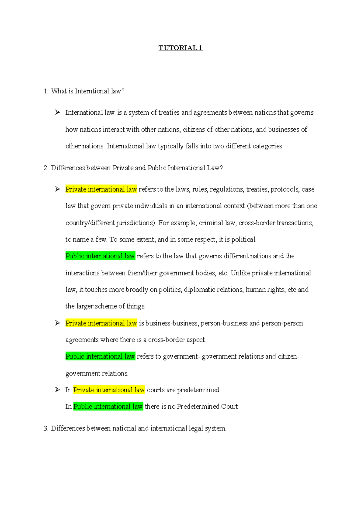 public international law 1 tutorial work - TUTORIAL 1 What is ...