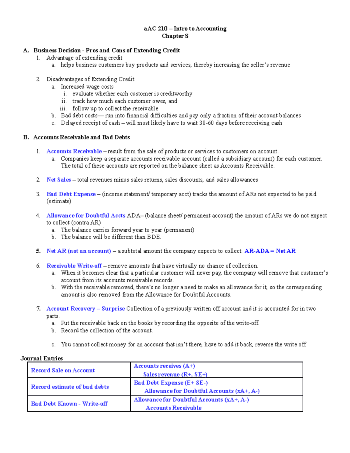 Chapter 8 handout - aAC 210 – Intro to Accounting Chapter 8 A. Business ...