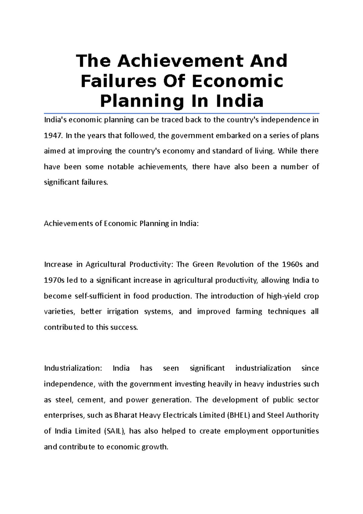 The Achievement And Failures Of Econ omic Planning In India The
