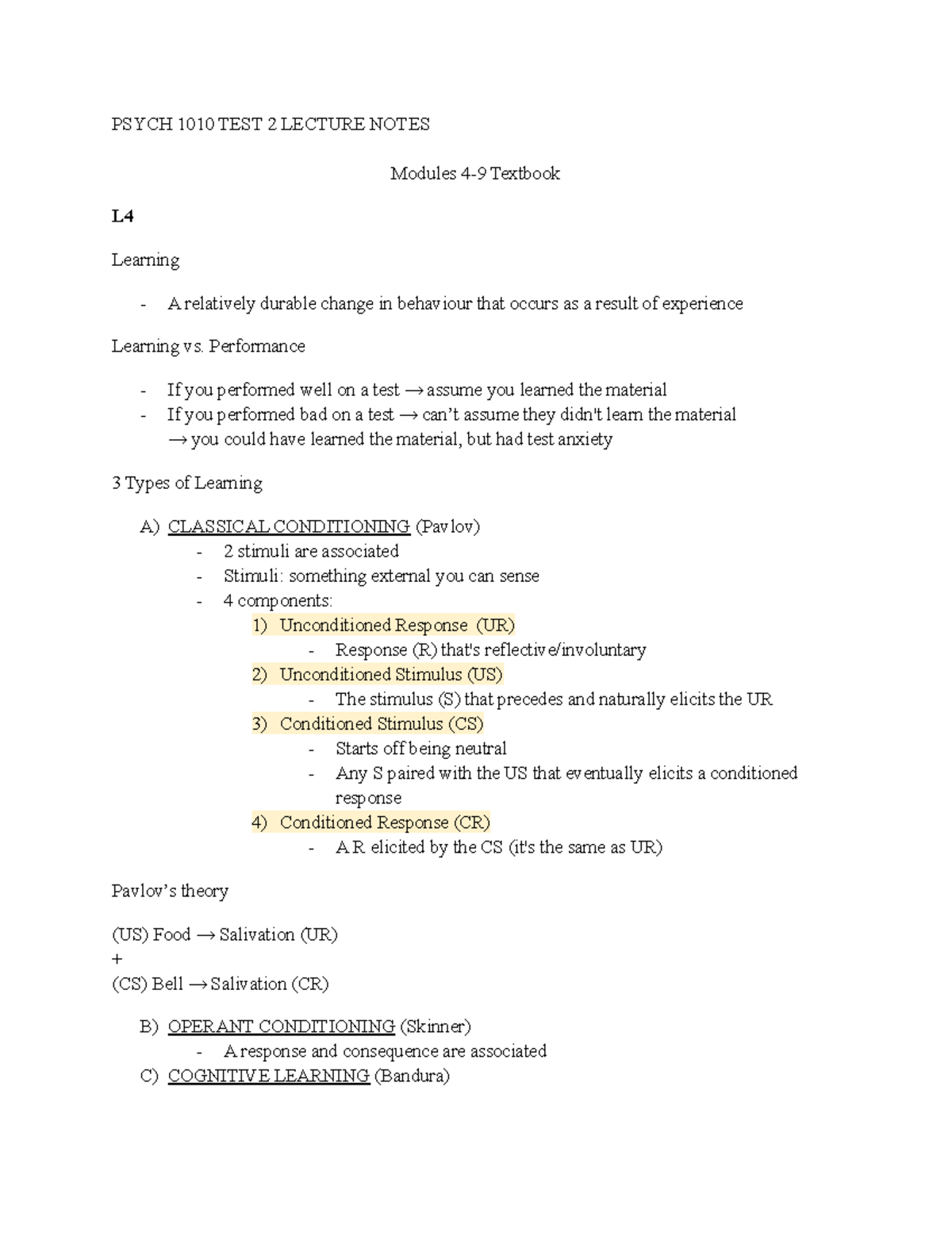 Psych 1010 TEST Two Lecture Notes - PSYCH 1010 TEST 2 LECTURE NOTES ...