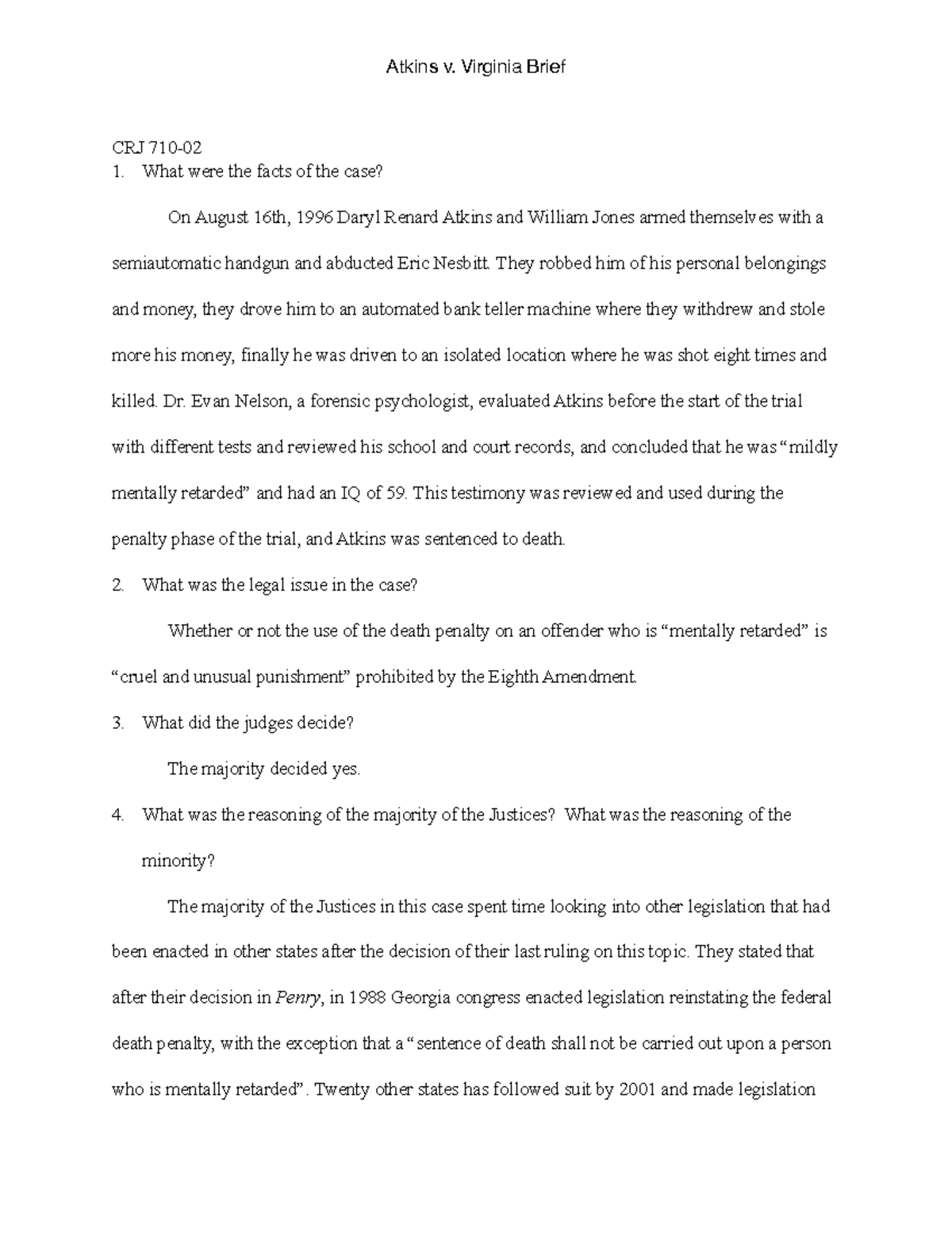 710 Atkins v Virginia Brief Atkins v. Virginia Brief CRJ 710 What