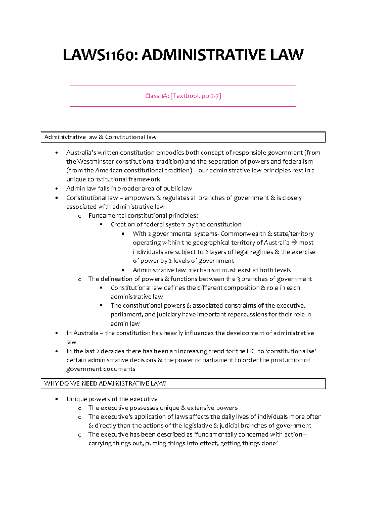 Admin Law notes - LAWS1160: ADMINISTRATIVE LAW Class 1A: [Textbook pp 2 ...