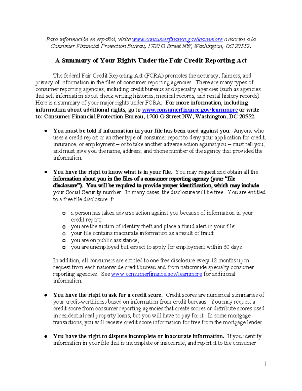 Summary of Rights Under the Fair Credit Reporting Act Combined English