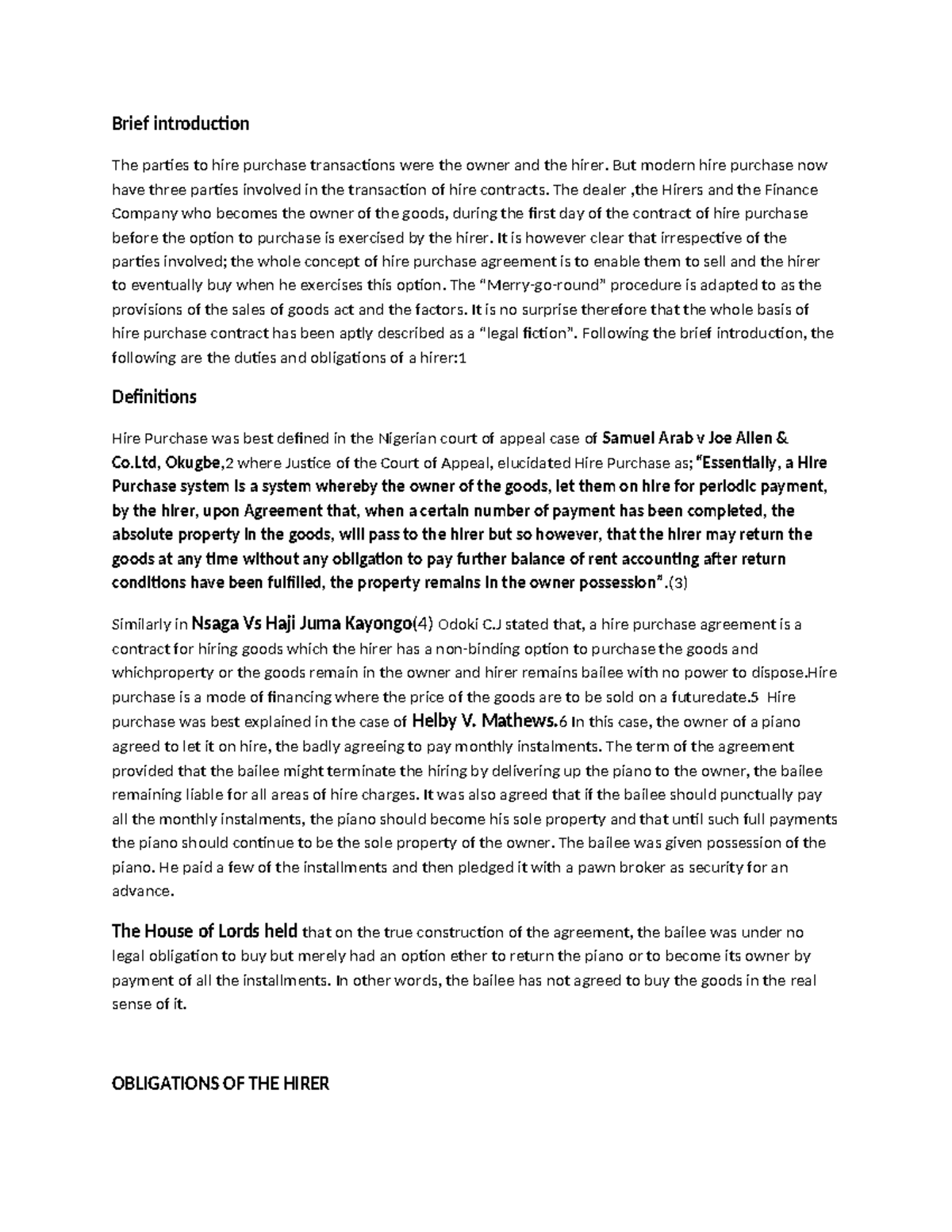Hire Purchse course work final work - Brief introduction The parties to ...