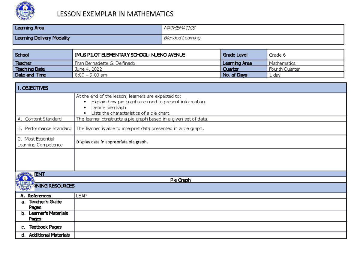 Pie Graph Lesson Exemplar - Learning Area MATHEMATICS Learning Delivery ...