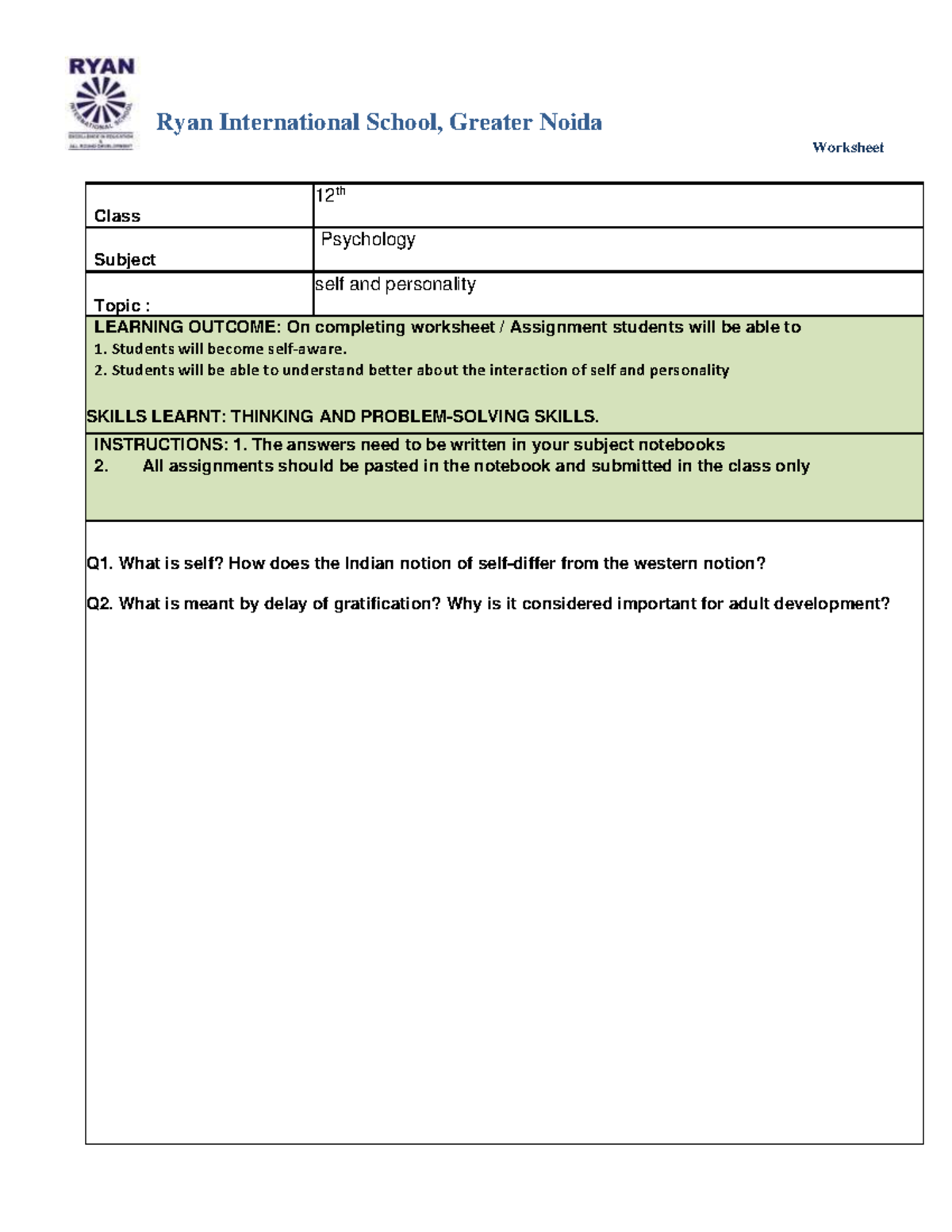 Class 12 assignment psychology ryan international school greater