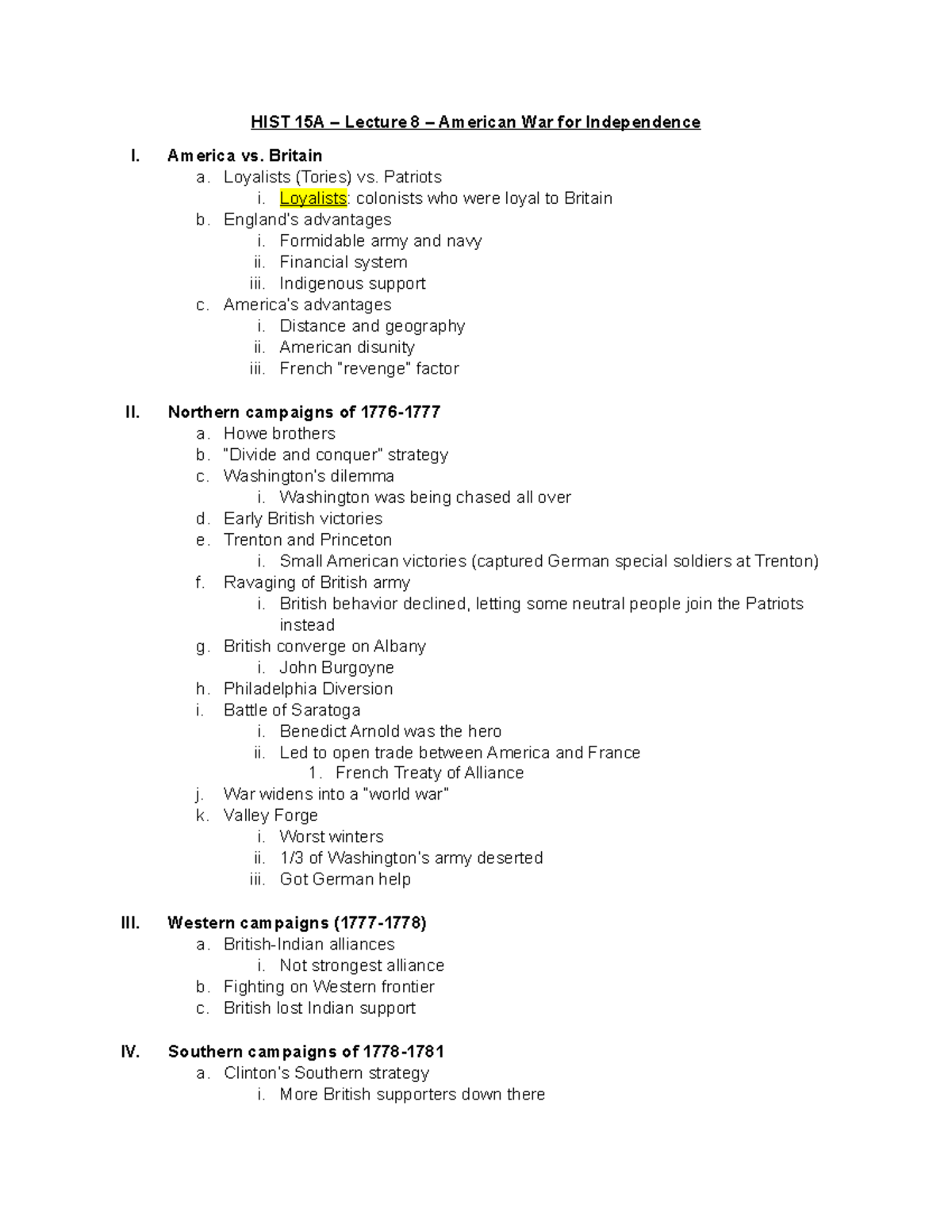 HIST 15A - Lecture 8 - American War for Independence - America vs ...