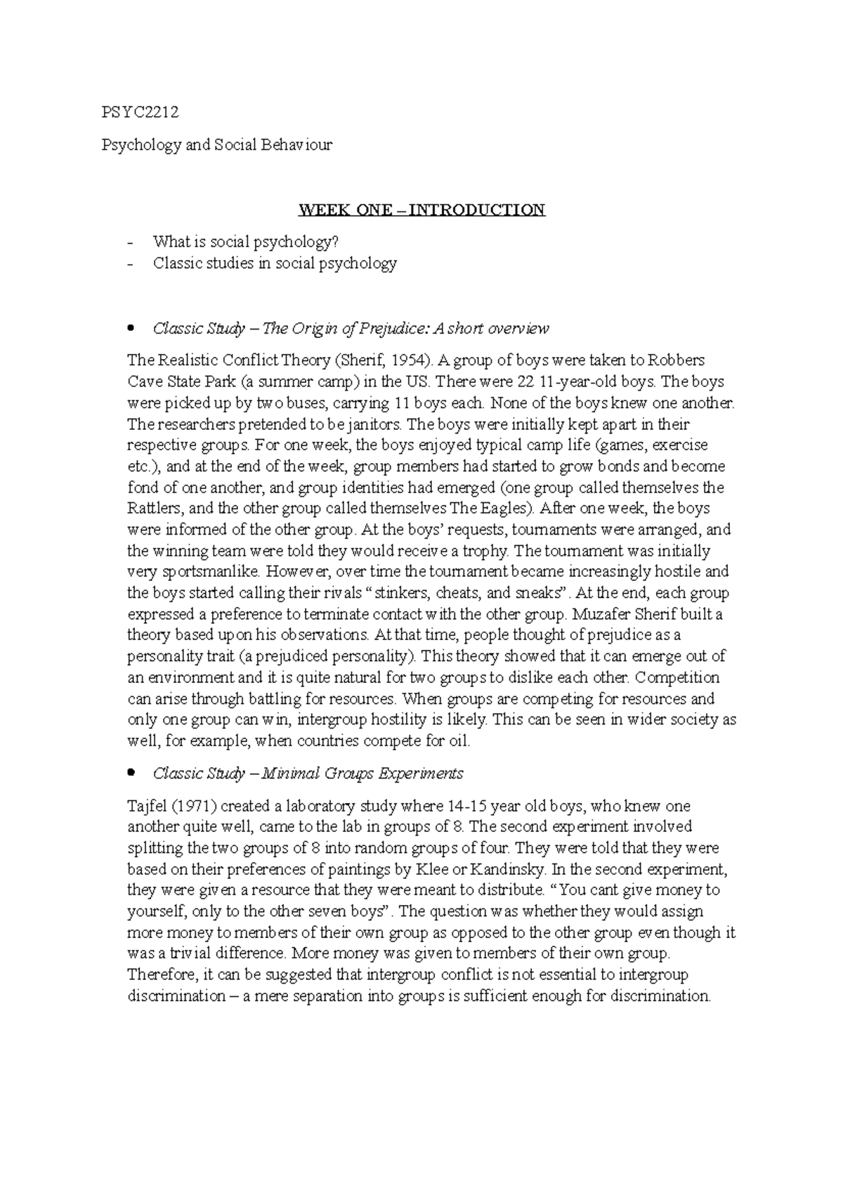 Lecture Notes - PSYC Psychology and Social Behaviour WEEK ONE ...