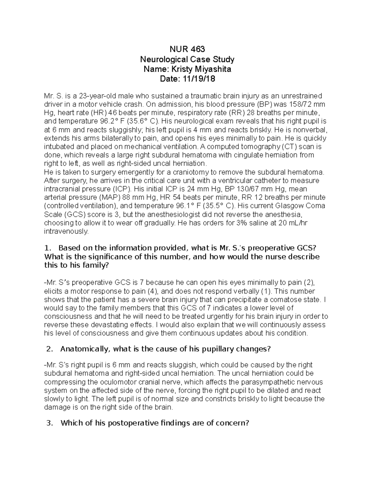 NUR463 Neuro Case Study NUR 463 Neurological Case Study Name Kristy