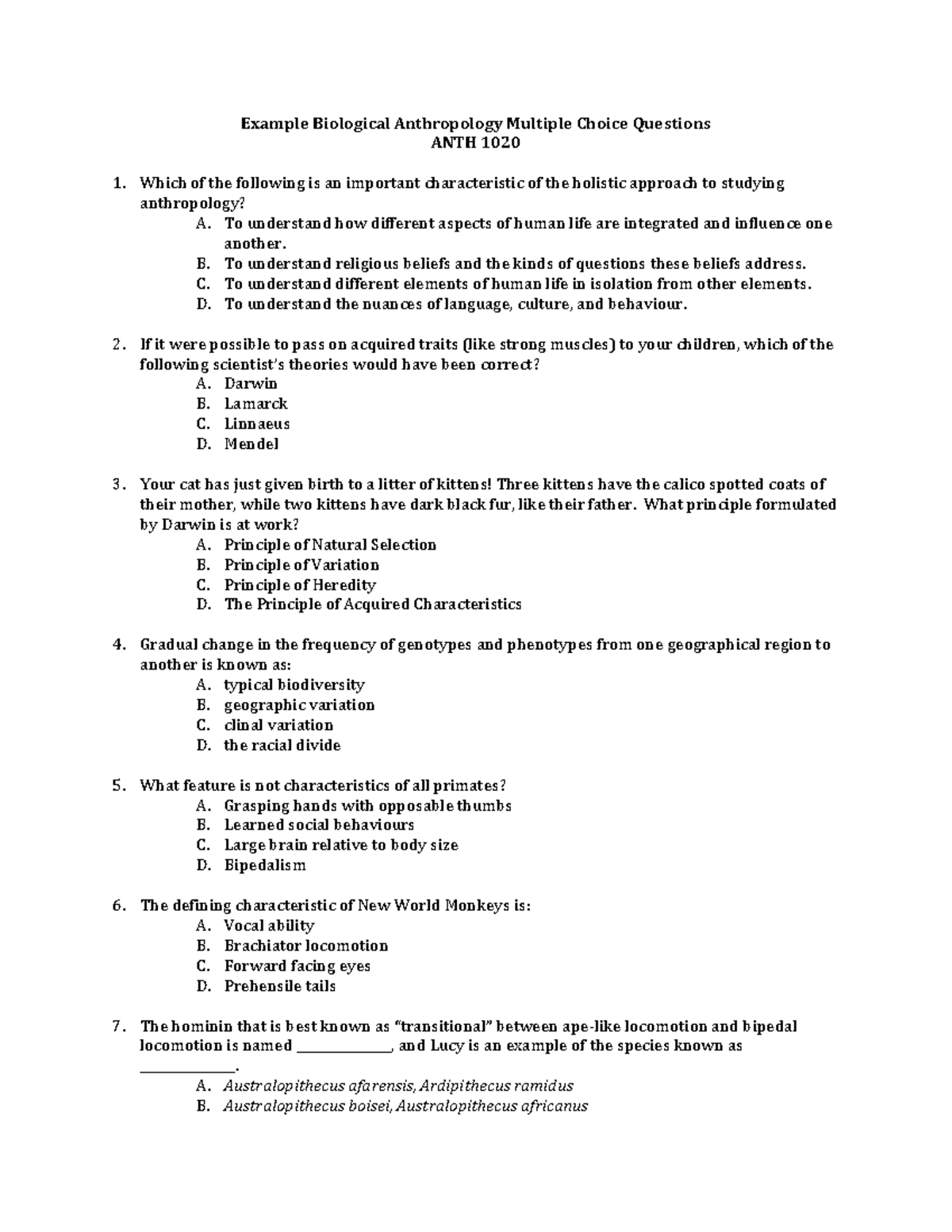 Example Bio Anth Multiple Choice Questions Example Biological