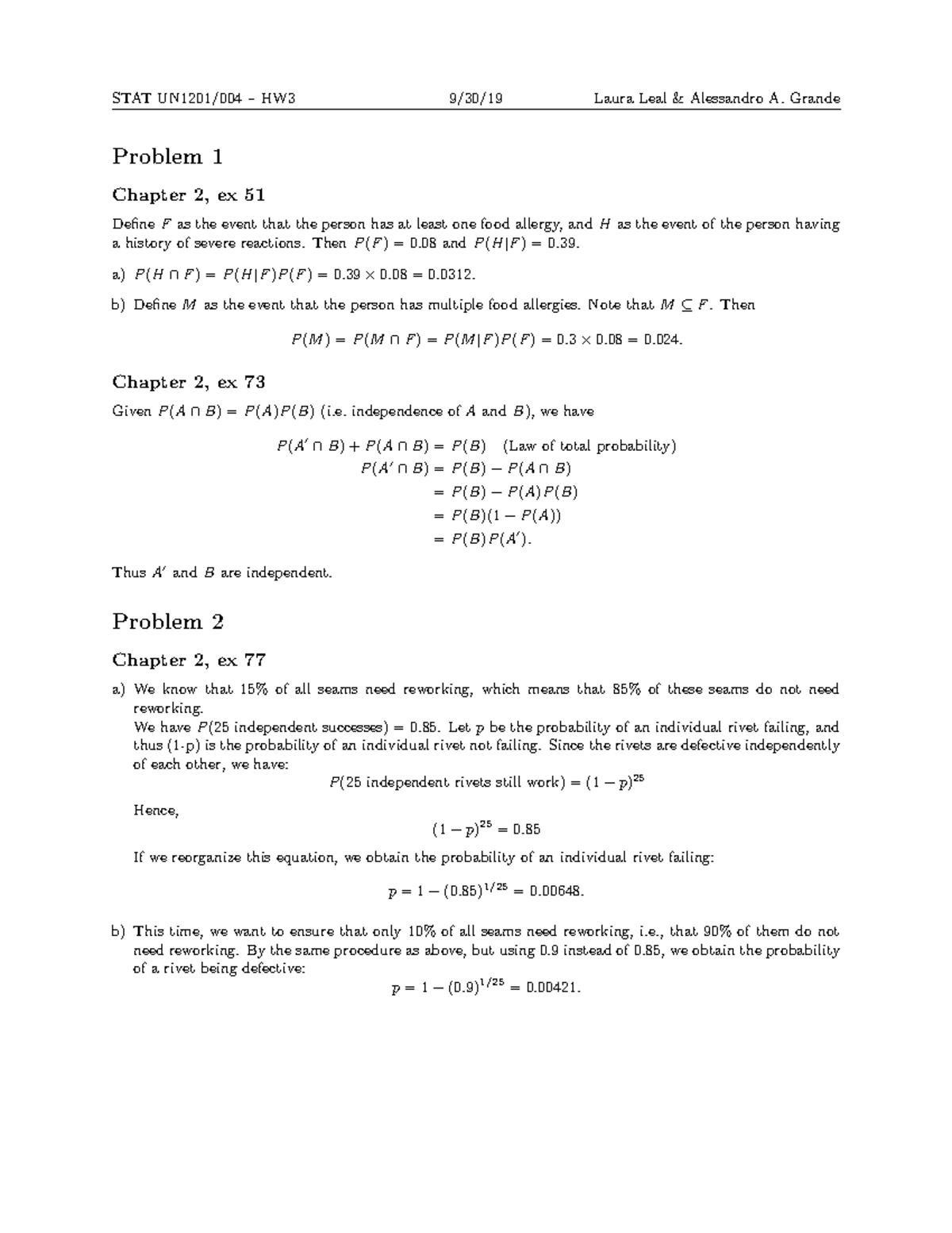 Hw-3-Solutions - Solutions- Probability - Problem 1 Chapter 2, ex 51 ...