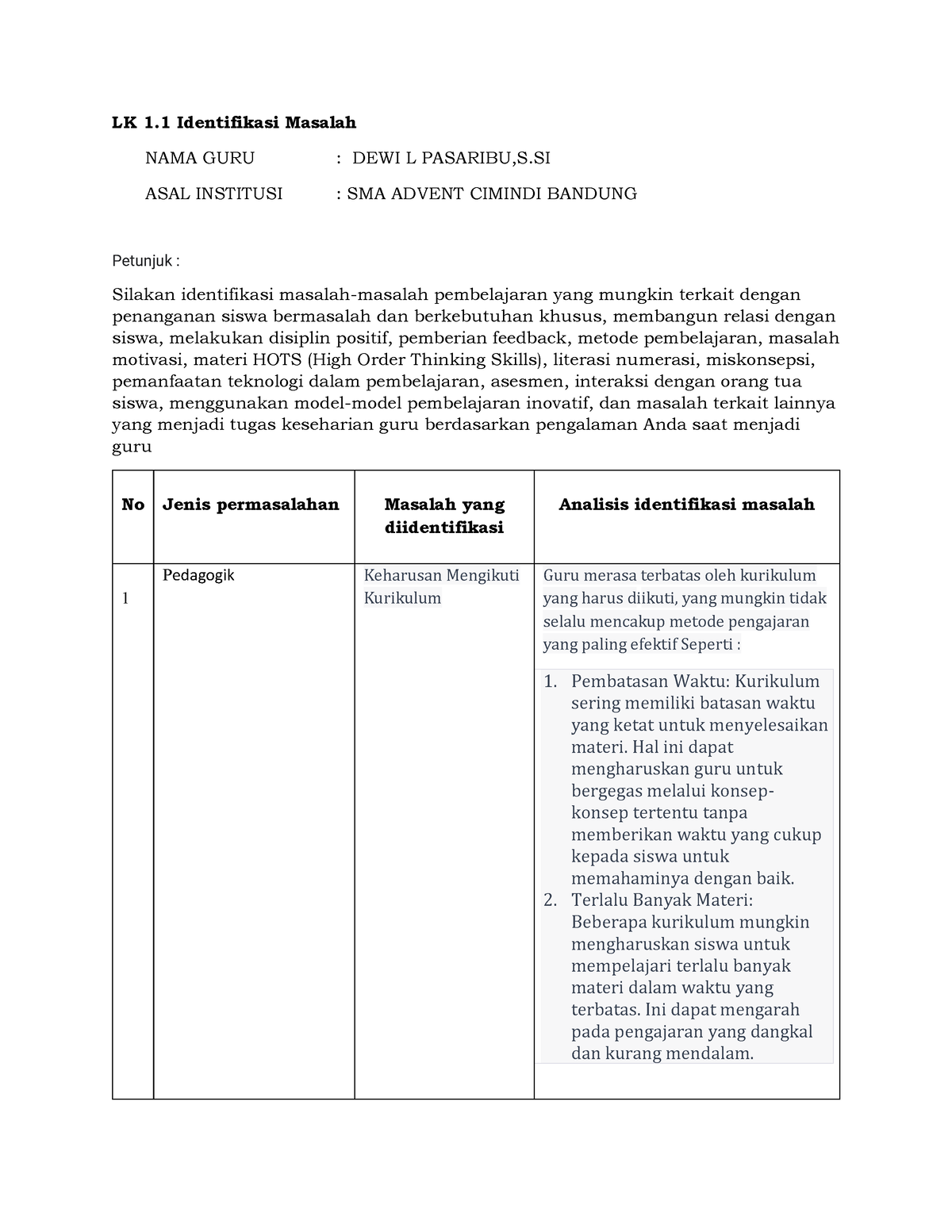 LK 1. Identifikasi Masalah Dalam Pembelajaran Fisika - LK 1 ...