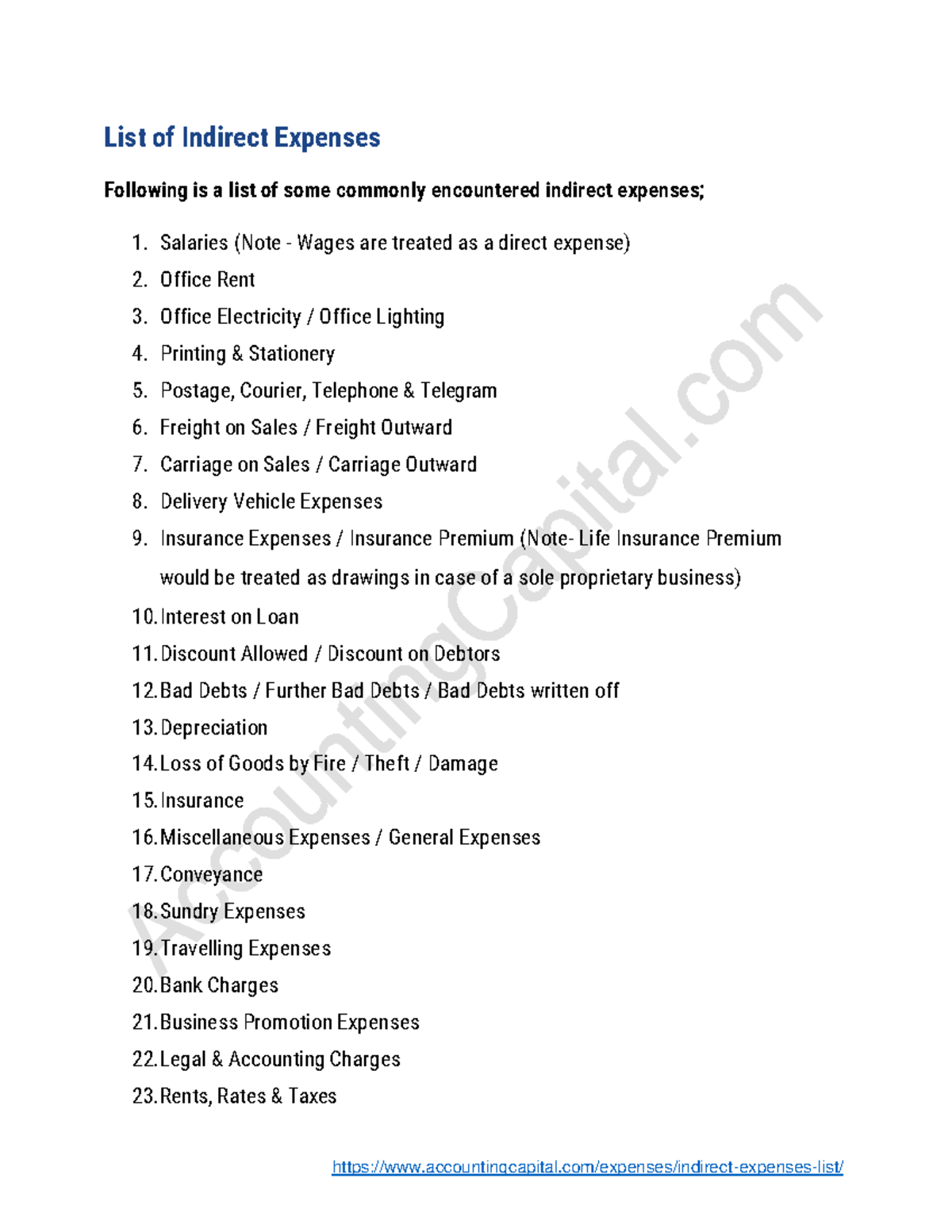 List of Indirect Expenses by Accounting Capital accountingcapital
