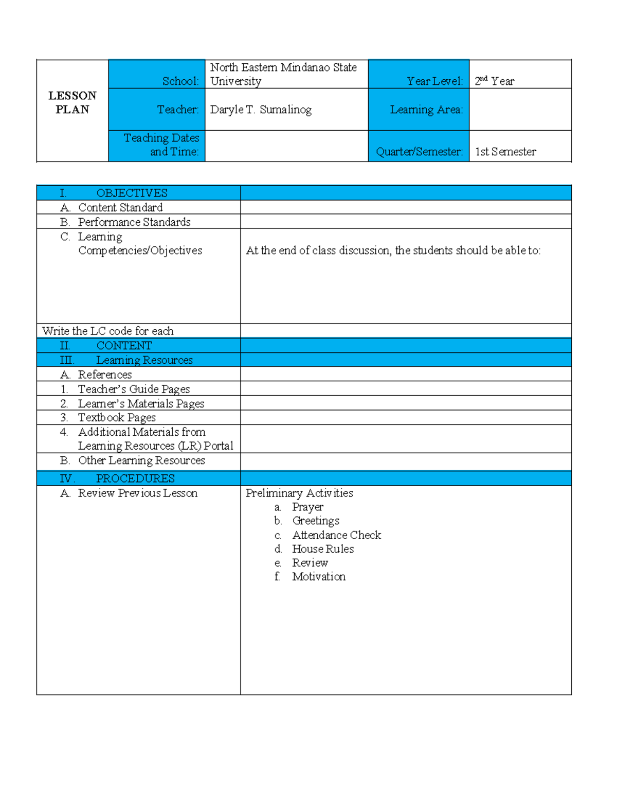 5 E'S LP - lesson plan sample format - School: North Eastern Mindanao ...