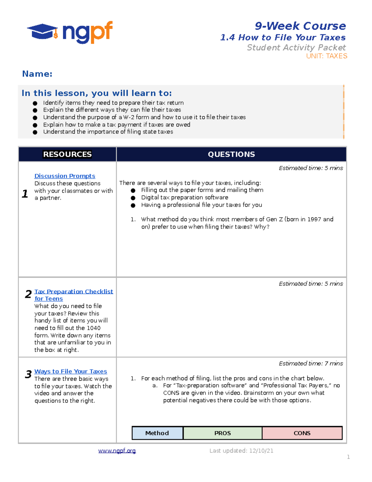 Taxes Lesson Part 3 Student Lesson 9Week Course 1 How to File Your