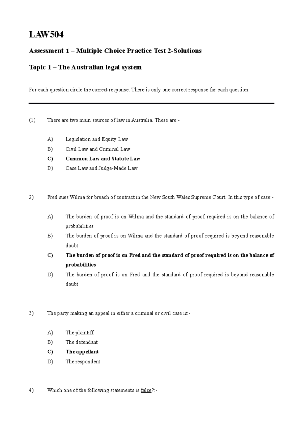 Practice MCQ Test 2 solutions 1 LAW Assessment 1 Multiple Choice 