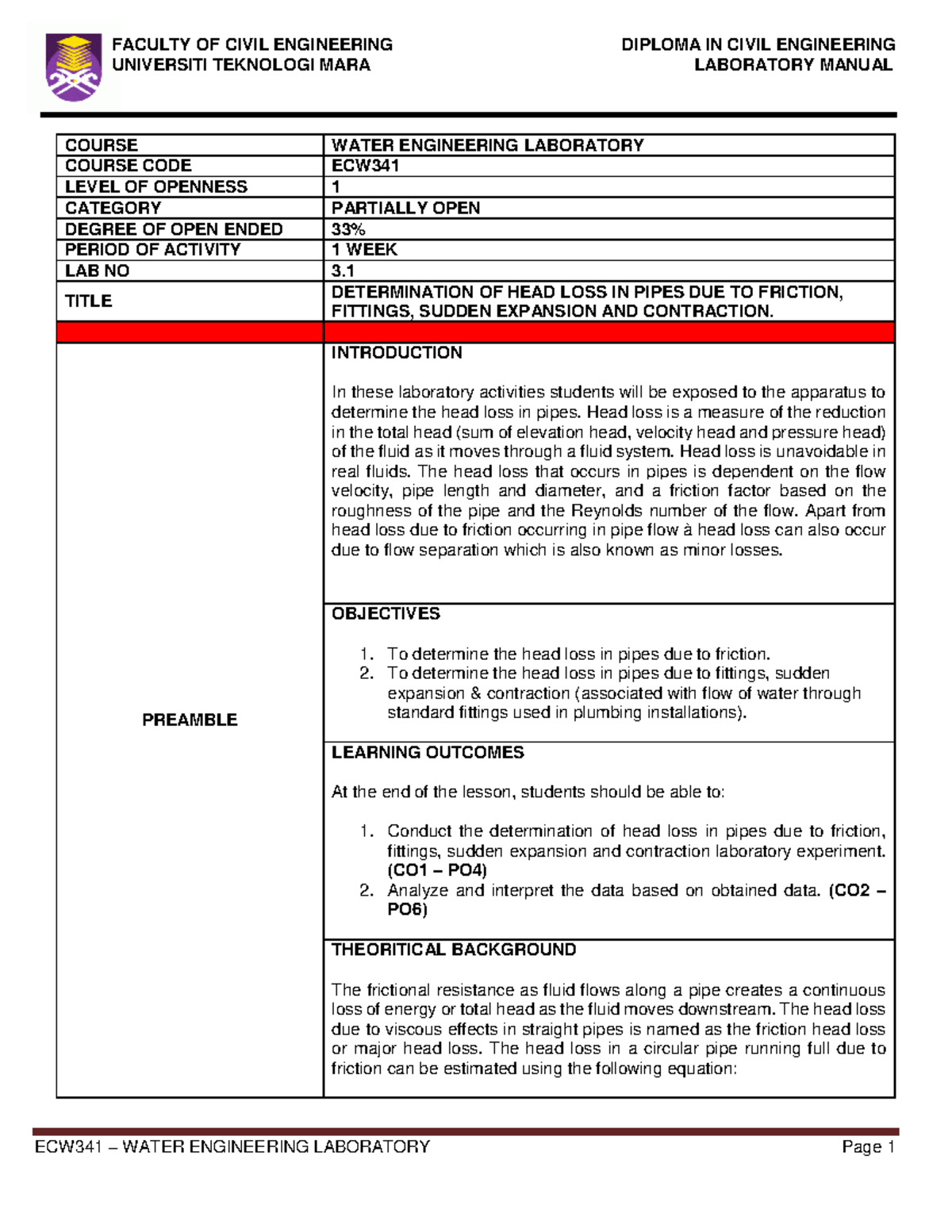 Lab Manual 3.1 Level 1 Determination of head loss in pipes due to