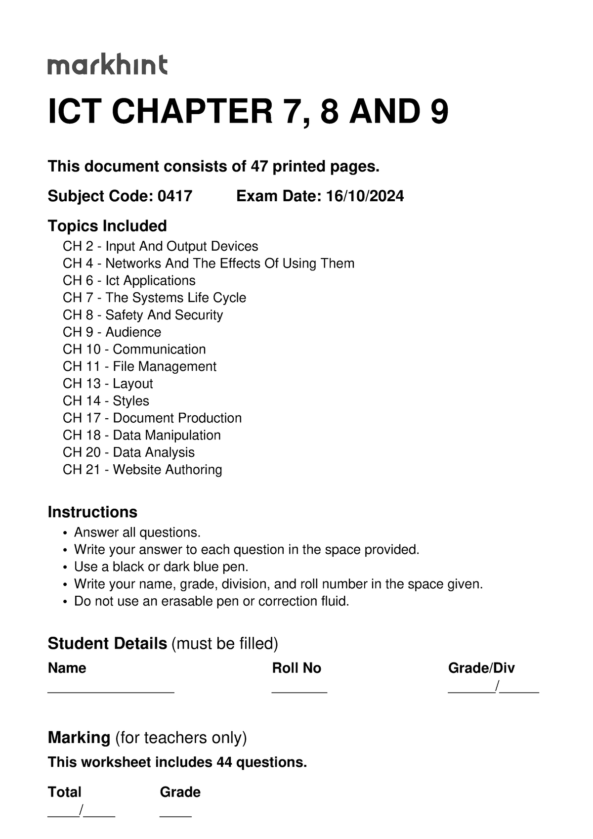 ICT Markhint CHAP.. 789 Question - ICT CHAPTER 7, 8 AND 9 This document ...
