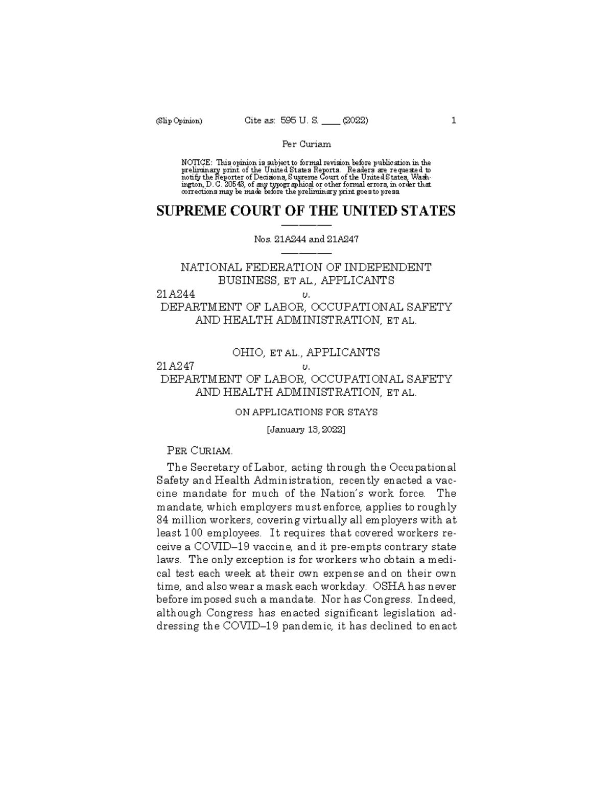 Supreme Court case on OSHA - (Slip Opinion) Cite as: 595 U. S ...