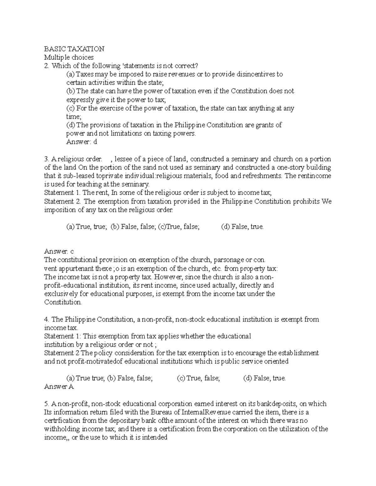 Basic Principles OF Taxation - BASIC TAXATION Multiple choices 2. Which ...