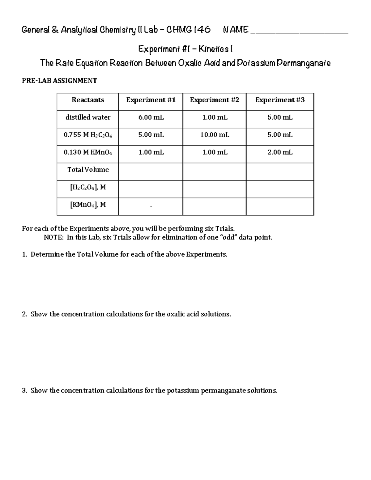Lab 1 Prelab General & Analytical Chemistry II Lab CHMG 146 NAME