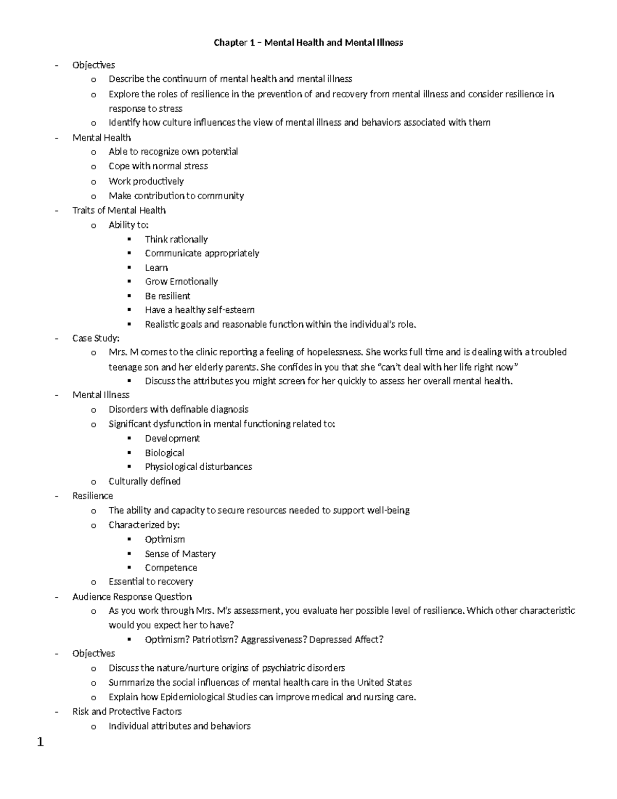 Chapter 1 - Chapter 1 – Mental Health and Mental Illness - Objectives o ...