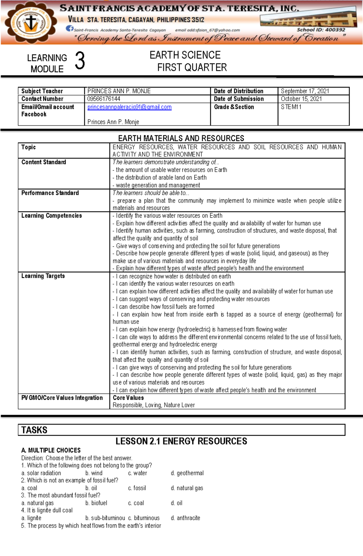 Earth Sci STEM 11-Tasks 2 - EARTH SCIENCE FIRST QUARTER Subject Teacher ...