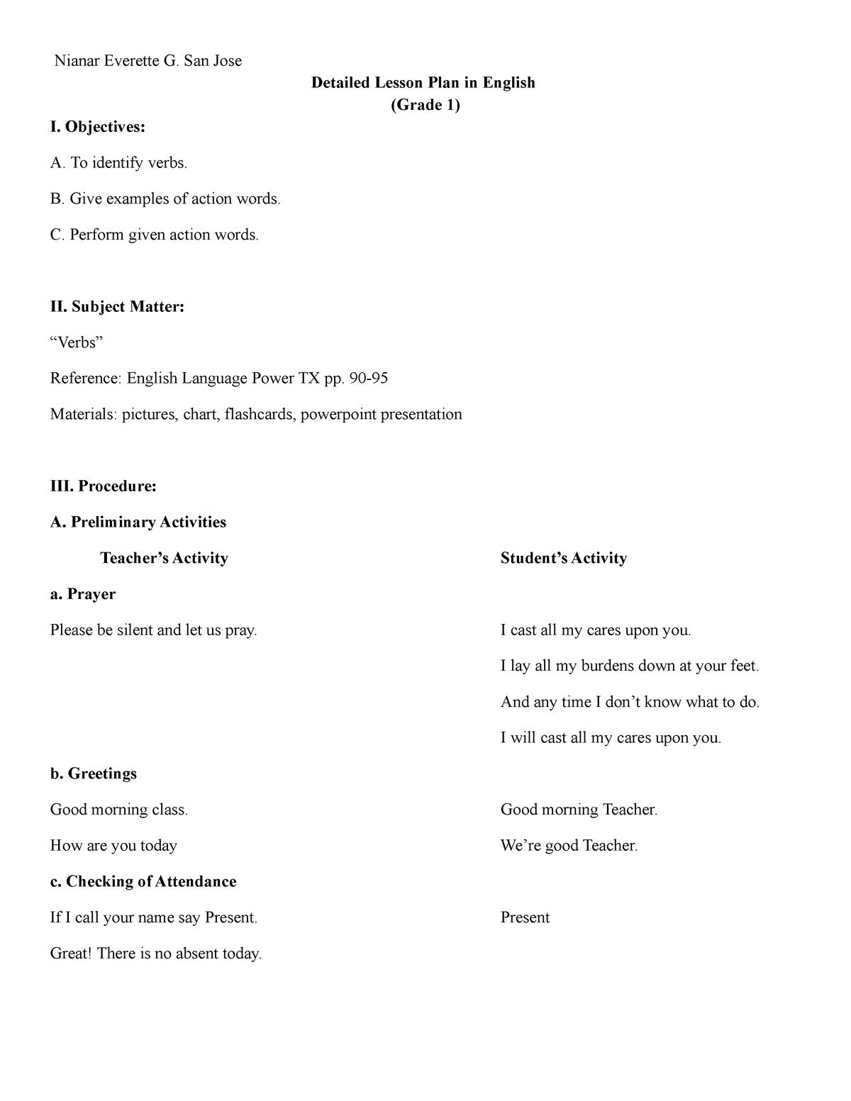 Grade 1 Verbs Lesson Plan Nianar Everette G San Jose Detailed Lesson Plan In English Grade 1 