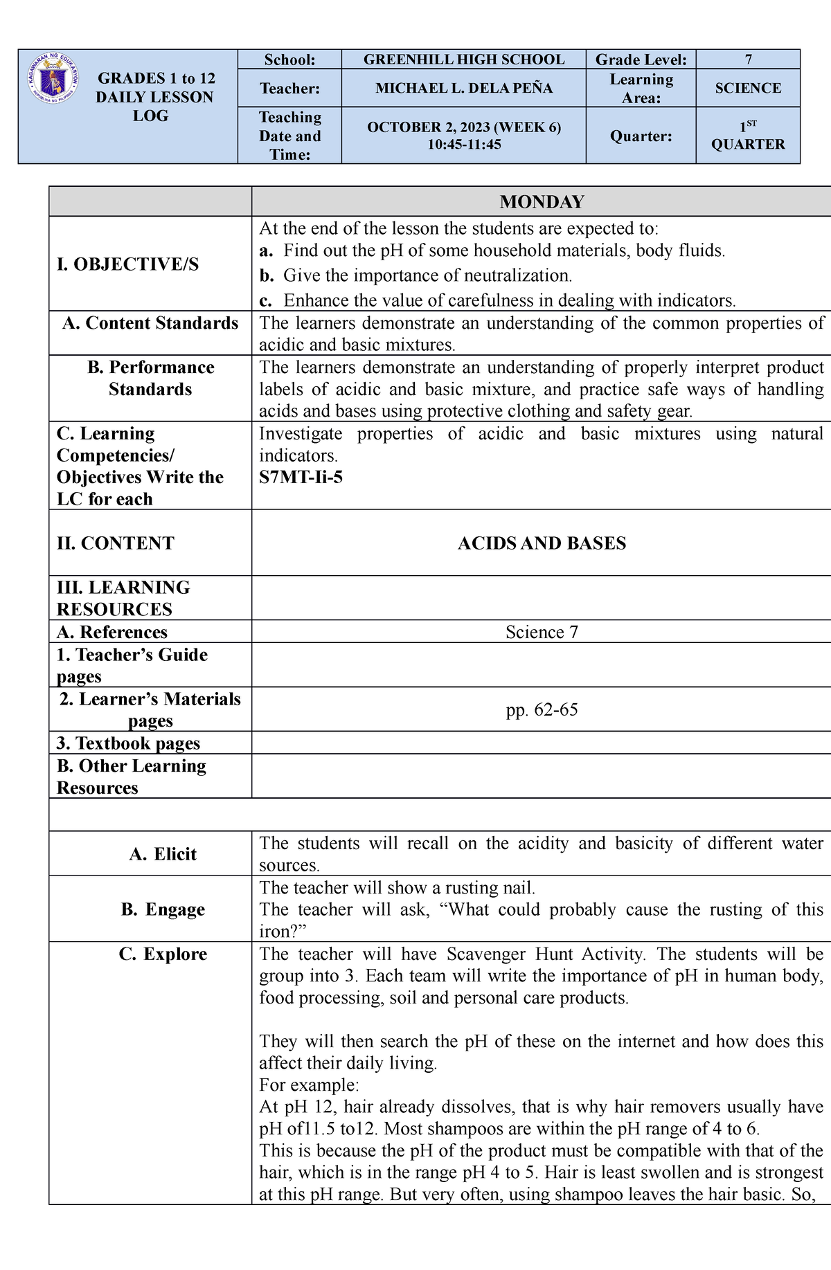 W6d1 - Science 7 Acid and Base - GRADES 1 to 12 DAILY LESSON LOG School ...