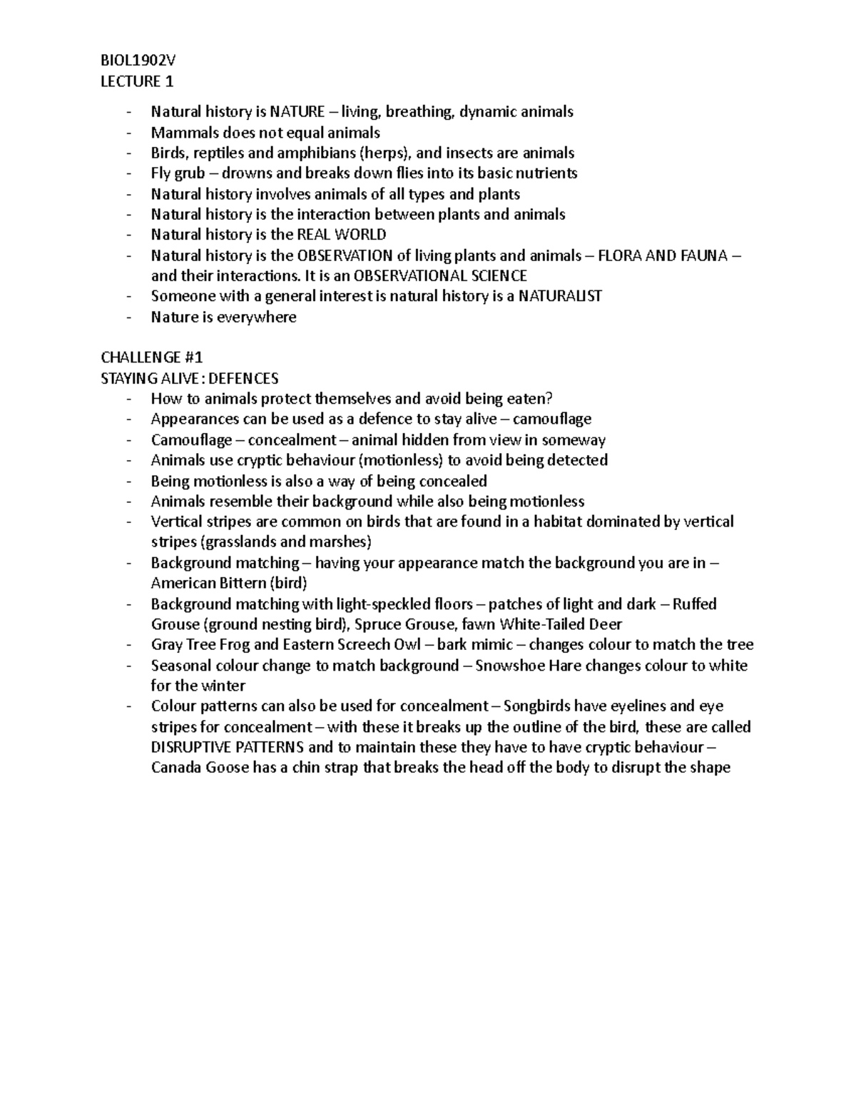 Lecture 1 - Mike Runtz - BIOL1902V LECTURE 1 Natural history is NATURE ...