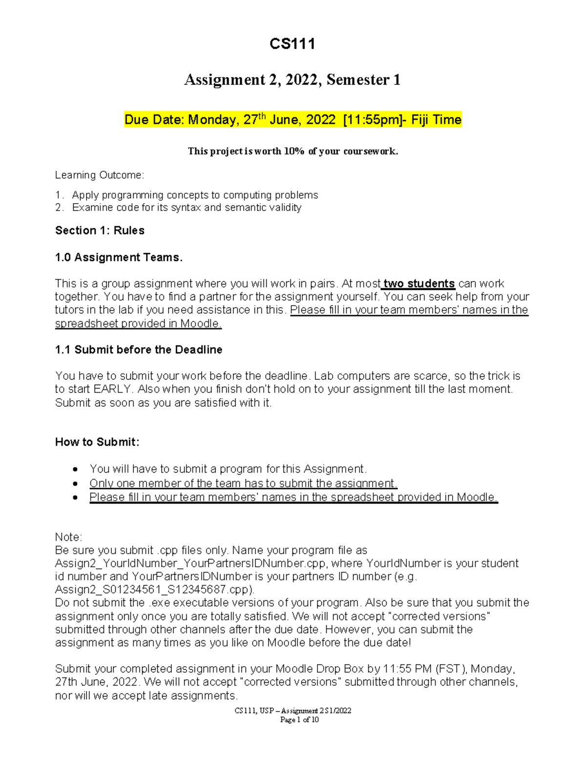 CS111 Assignment 2 S12022 - CS111, USP 3 Assignment 2 S1/ CS Assignment ...