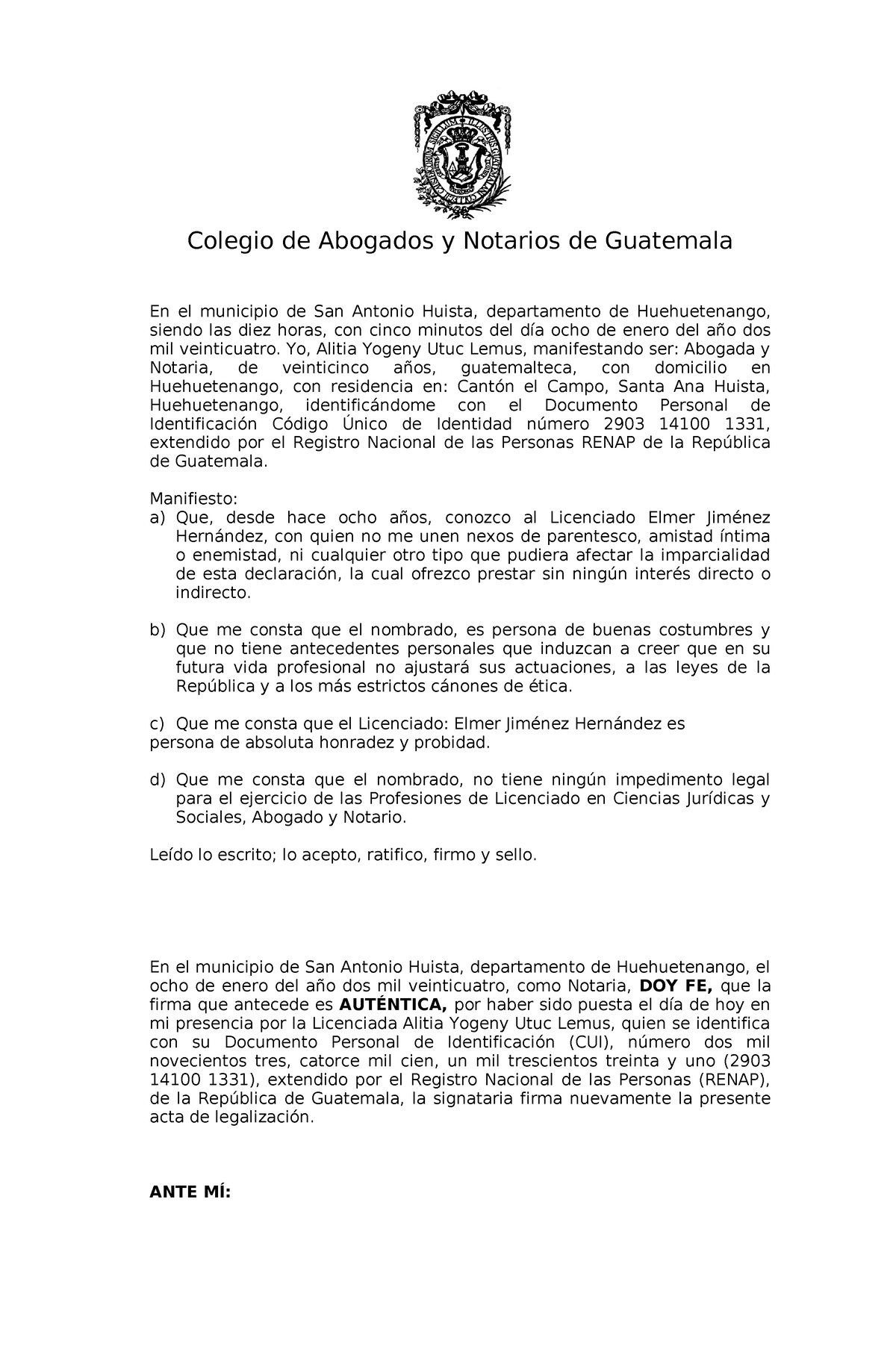 Acta De Declaracion De Testigos Buena Colegio De Abogados Y Notarios De Guatemala En El 6642