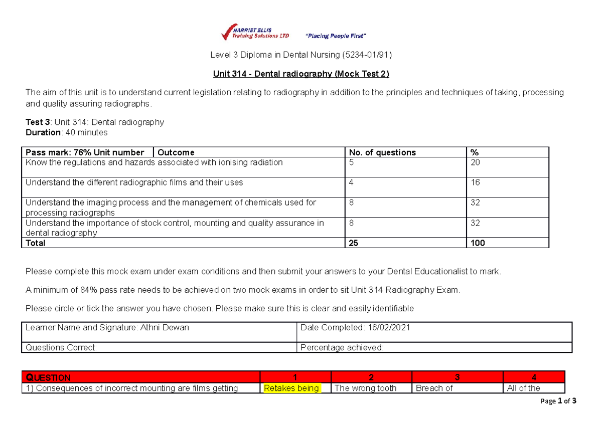 Mock 2 paper for 2021 Level 3 Diploma in Dental Nursing (523401/91